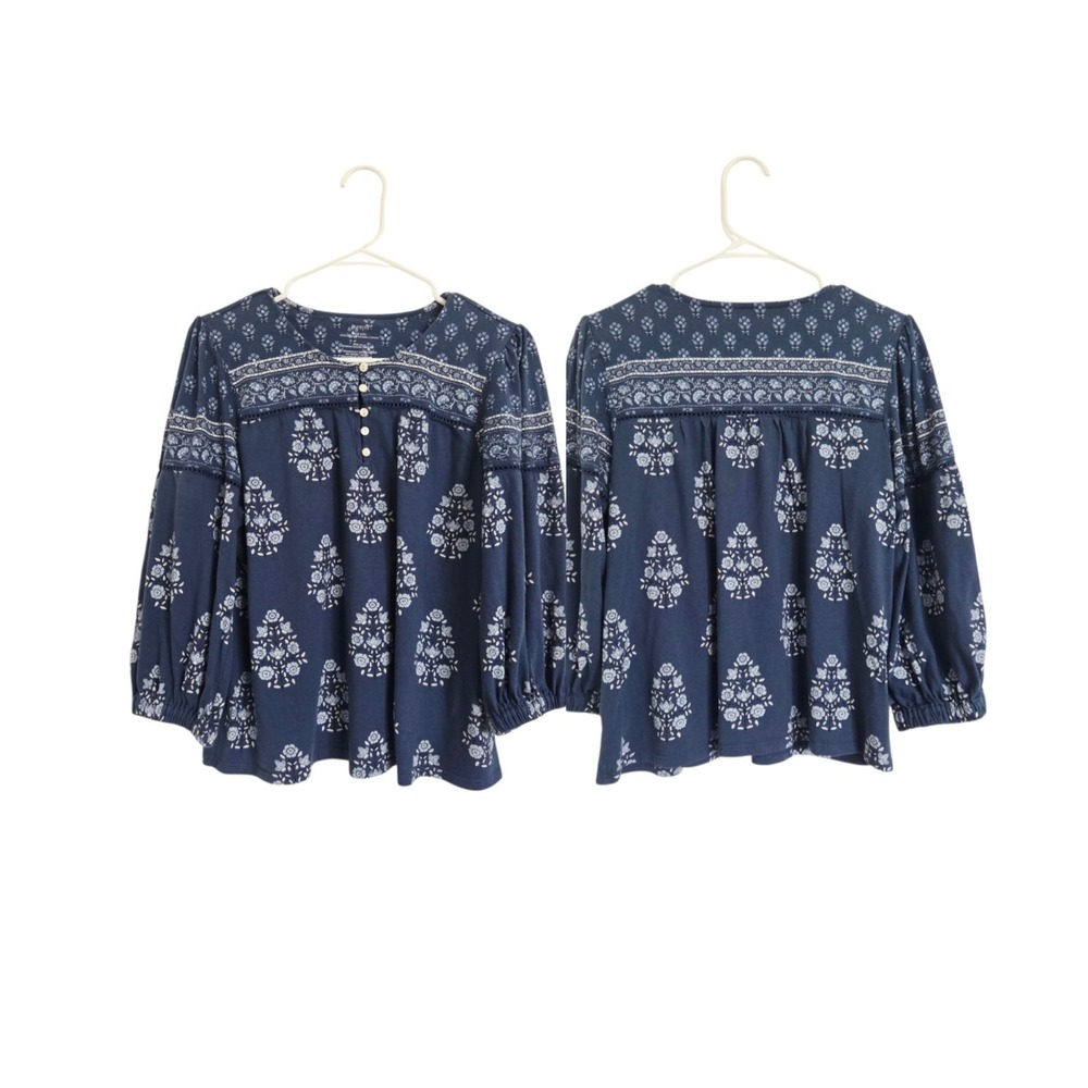 Pure Jill Border-Printed-Yoke Top MP blue floral Organic Cotton Cottage Boho